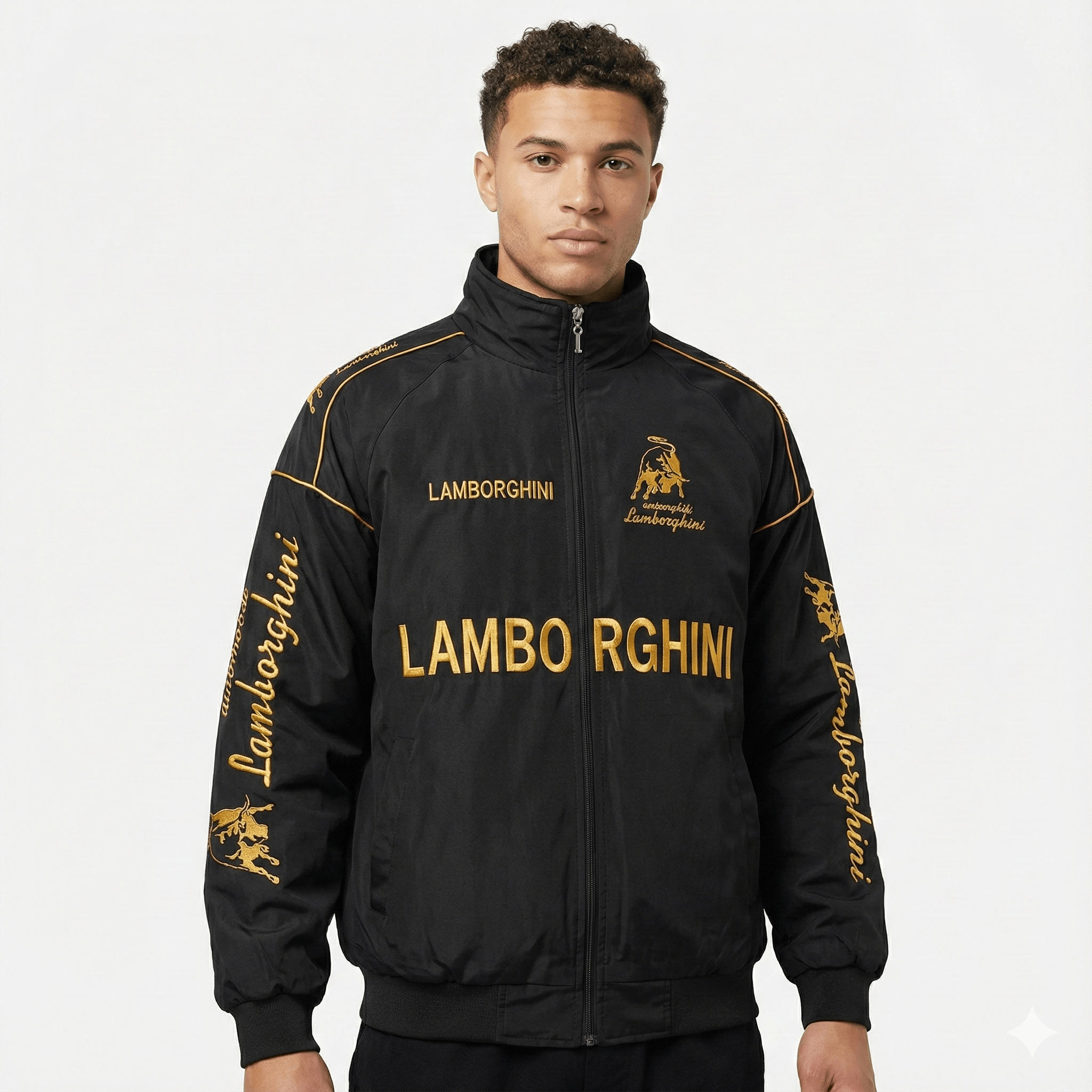 Lamborghini Rennteam Jacke – Schwarzer Motorsport Reißverschluss mit gold bestickten Logos