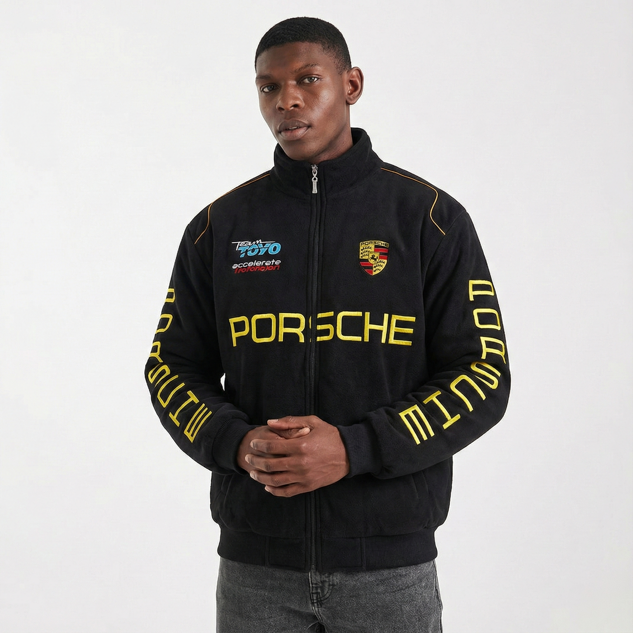 Porsche Rennteam Jacke – Schwarzer Motorsport Reißverschluss mit gelb bestickten Logos