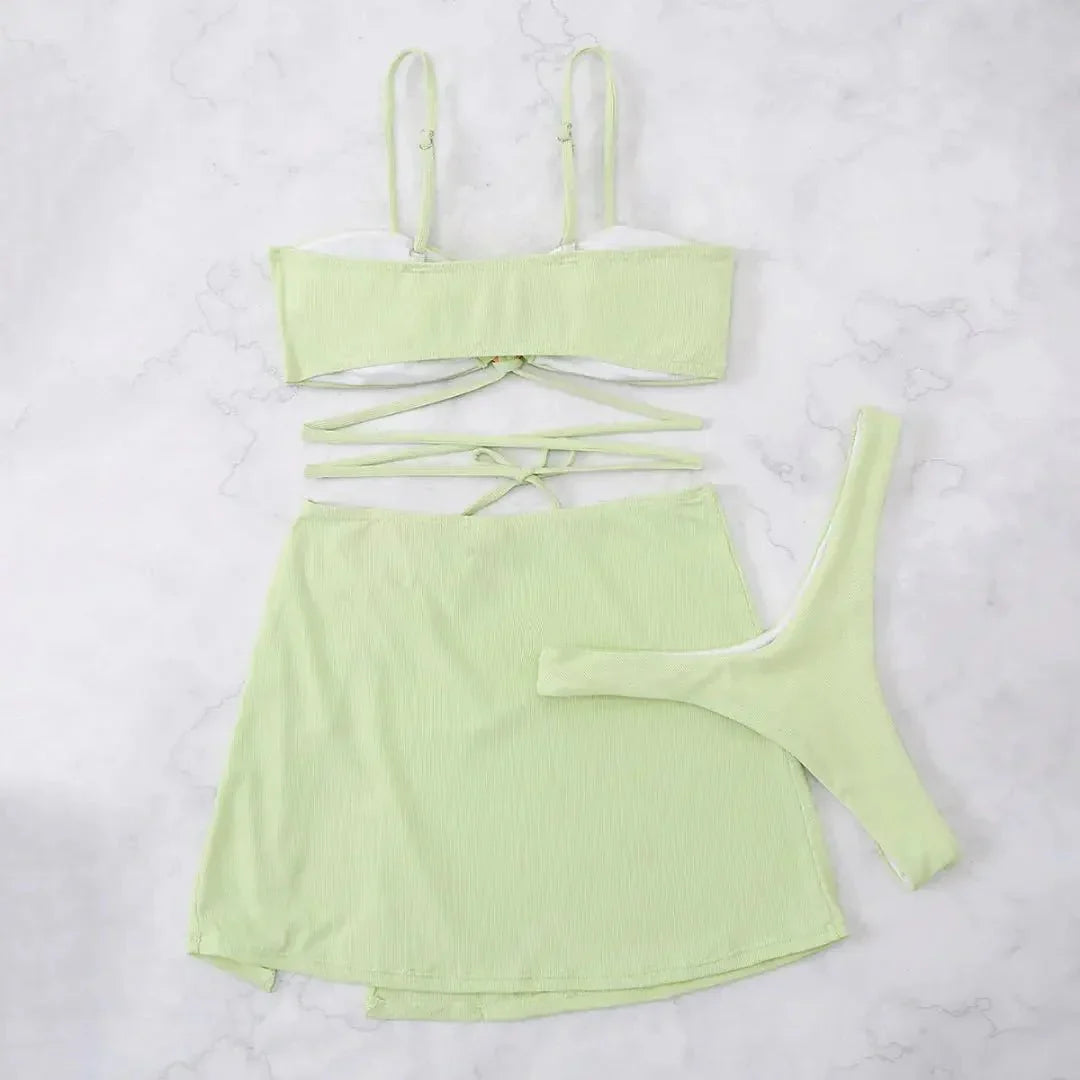 Set bikini da donna, tre pezzi, spalline posteriori regolabili