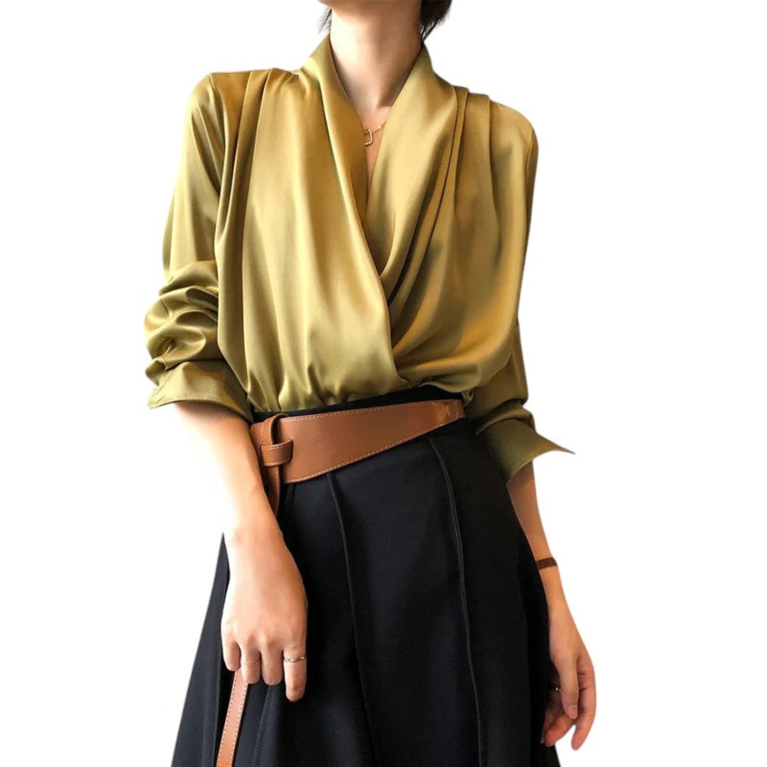 Blusa para mujer de manga larga suave con pliegues y caída