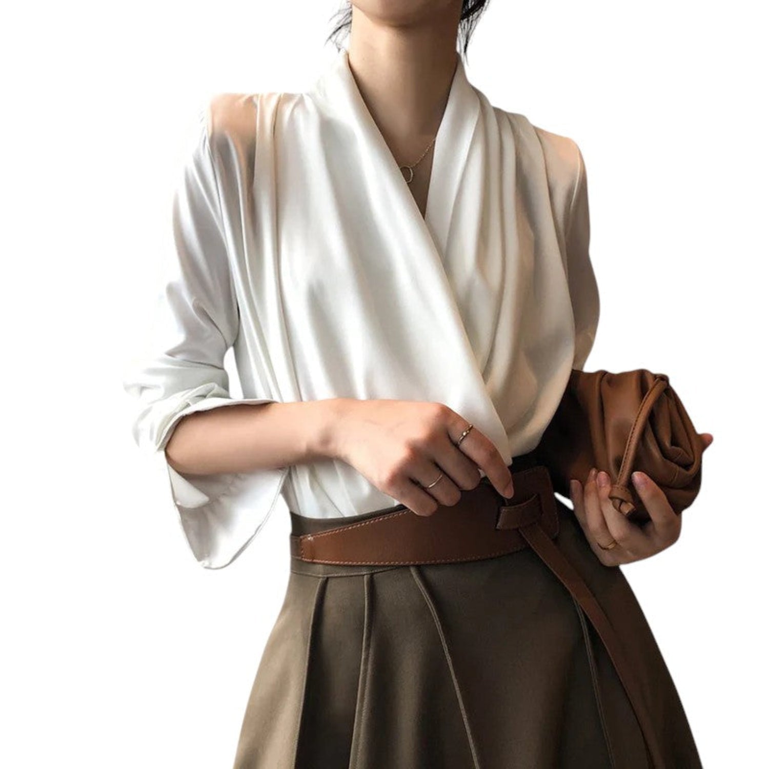 Blusa para mujer de manga larga suave con pliegues y caída