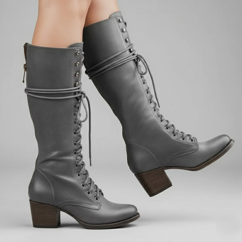 Damen Stiefel Knielang Schnürung Blockabsatz Länge