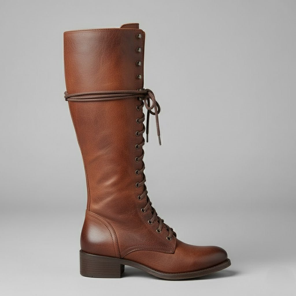 Damen Stiefel Knielang Schnürung Blockabsatz Länge