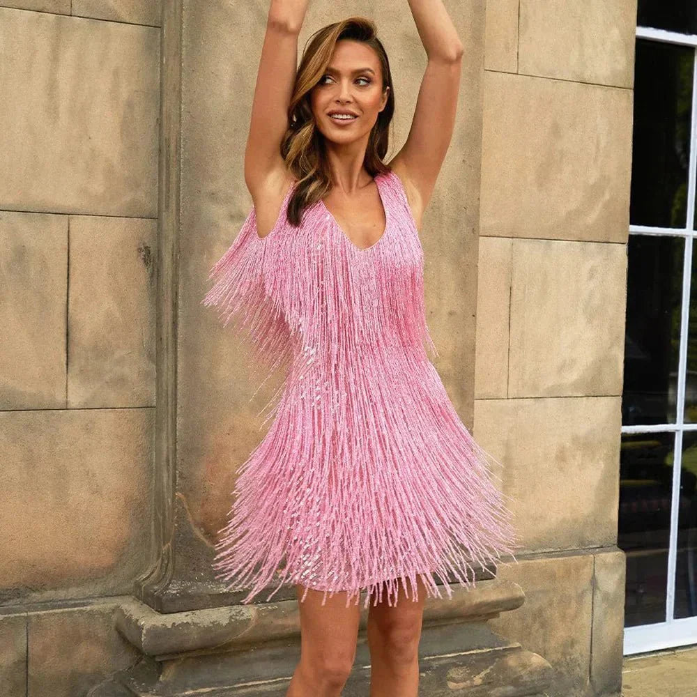 Abito da cocktail da donna vestibilità a-line con frange e dettagli in paillettes