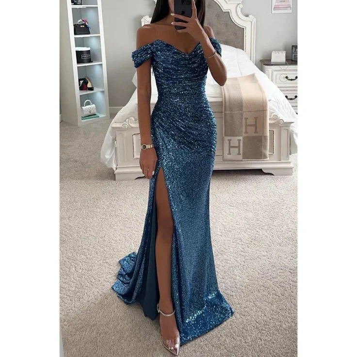 Robe de soirée maxi femme robe élégante ornée de strass