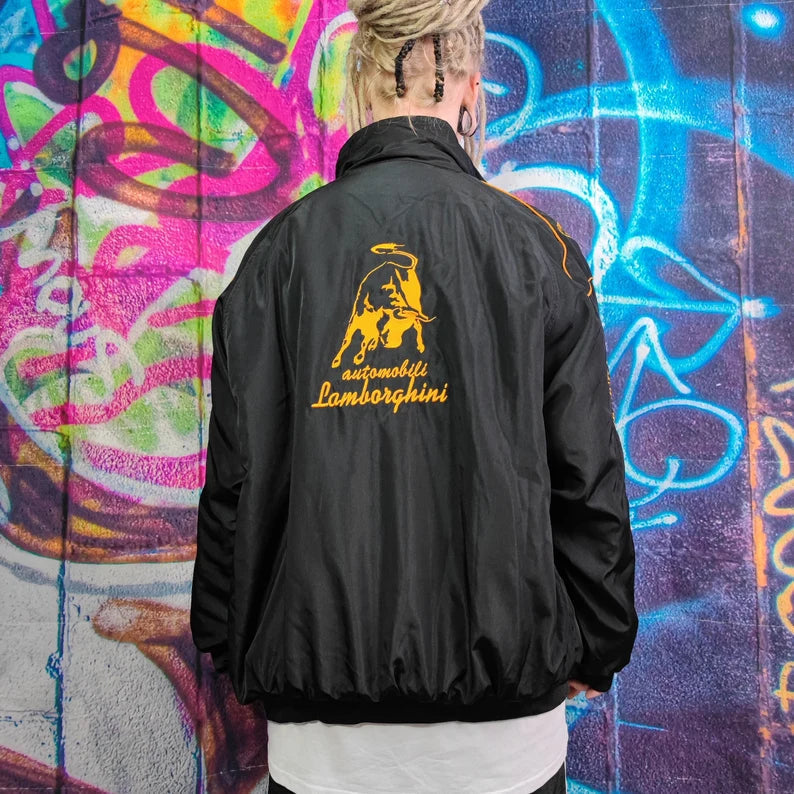 Lamborghini Rennteam Jacke – Schwarzer Motorsport Reißverschluss mit gold bestickten Logos