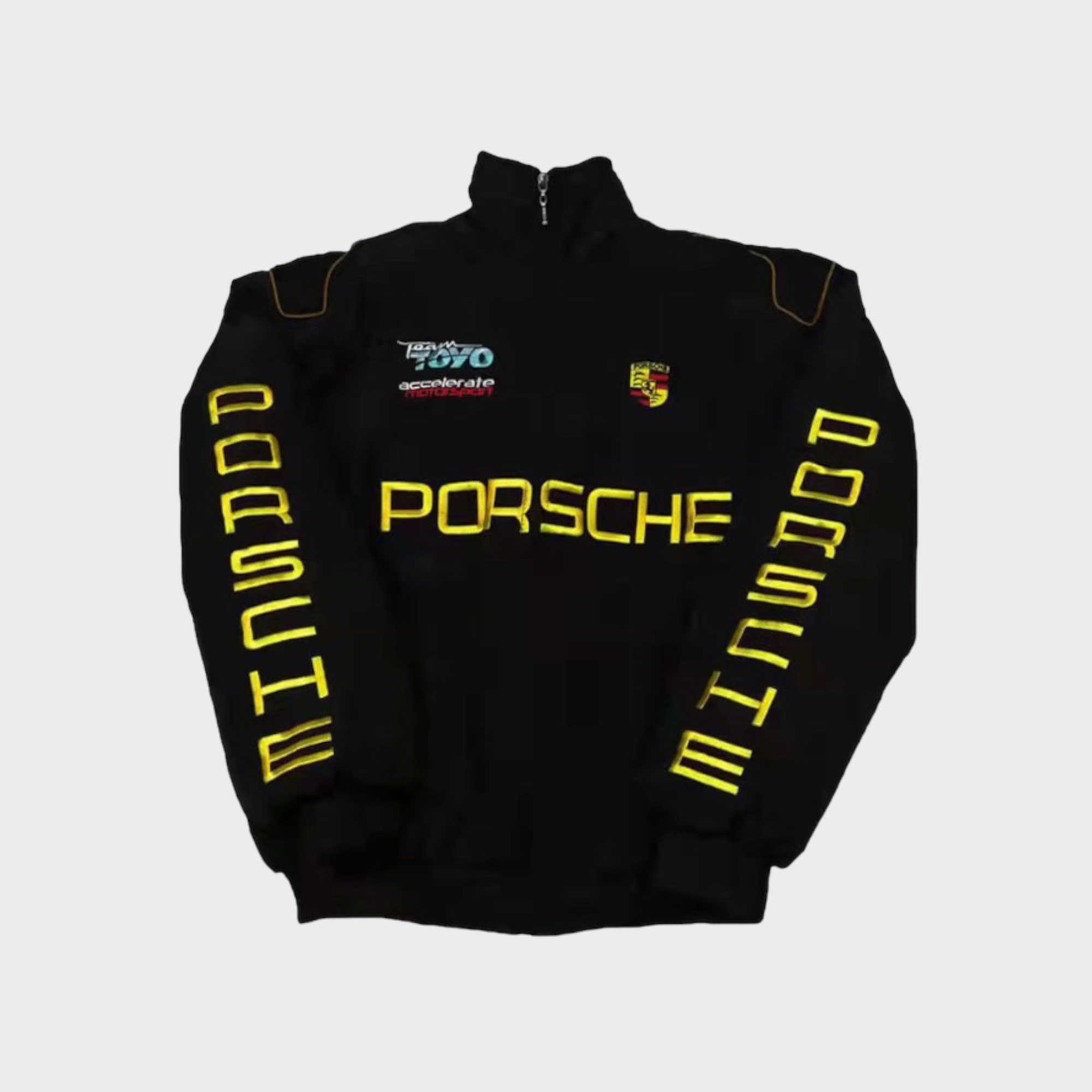 Porsche Rennteam Jacke – Schwarzer Motorsport Reißverschluss mit gelb bestickten Logos