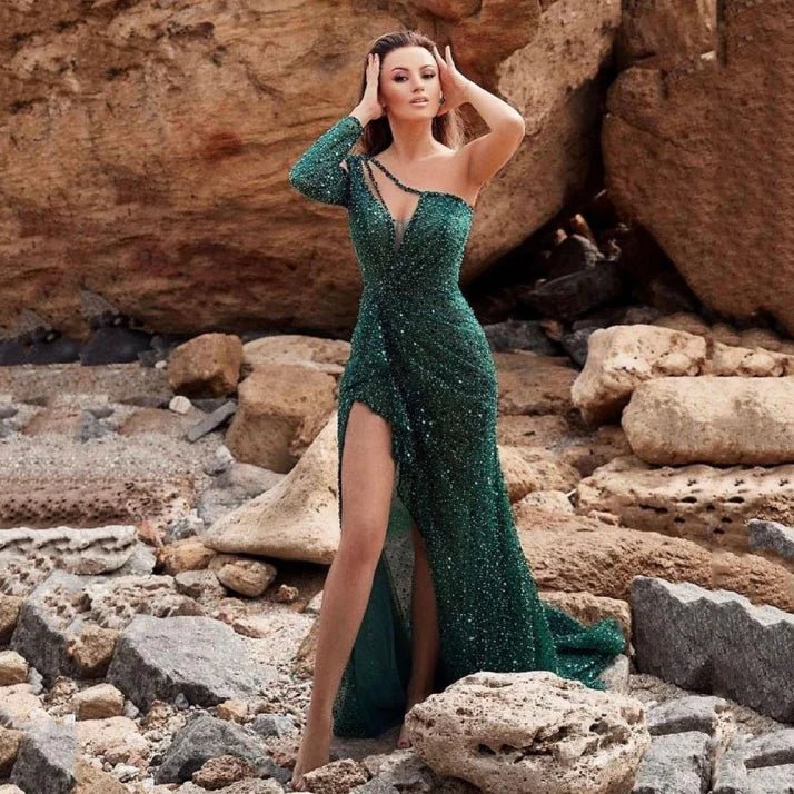 Abito maxi da donna elegante monospalla vestibilità formale