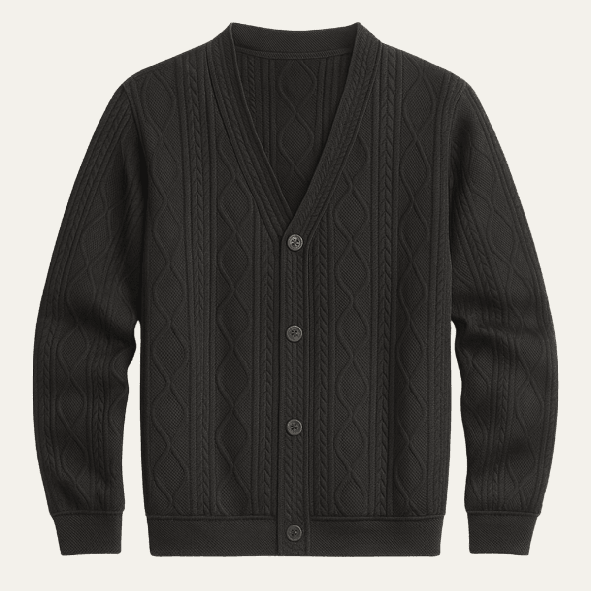 Cardigan Homme — Tricot Câble Col V Motif Losanges Boutons Devant