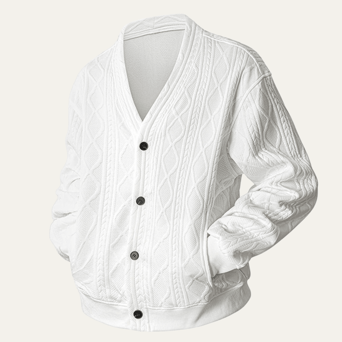 Cardigan Homme — Tricot Câble Col V Motif Losanges Boutons Devant