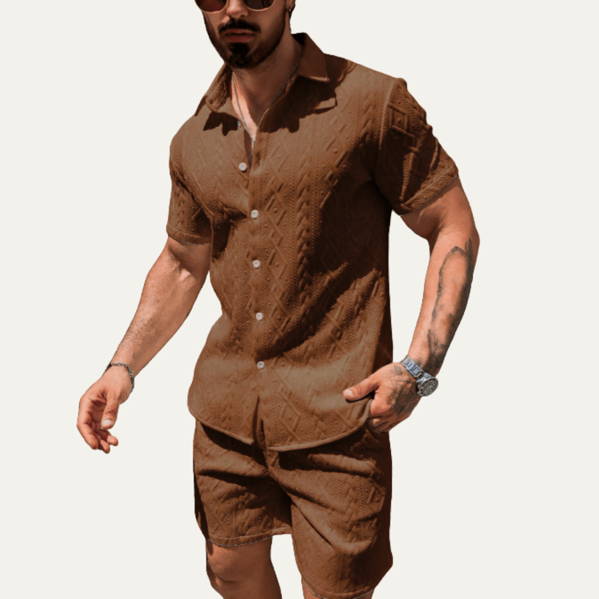 Ensemble coordonné homme — Chemise tricotée, coupe décontractée, short assorti