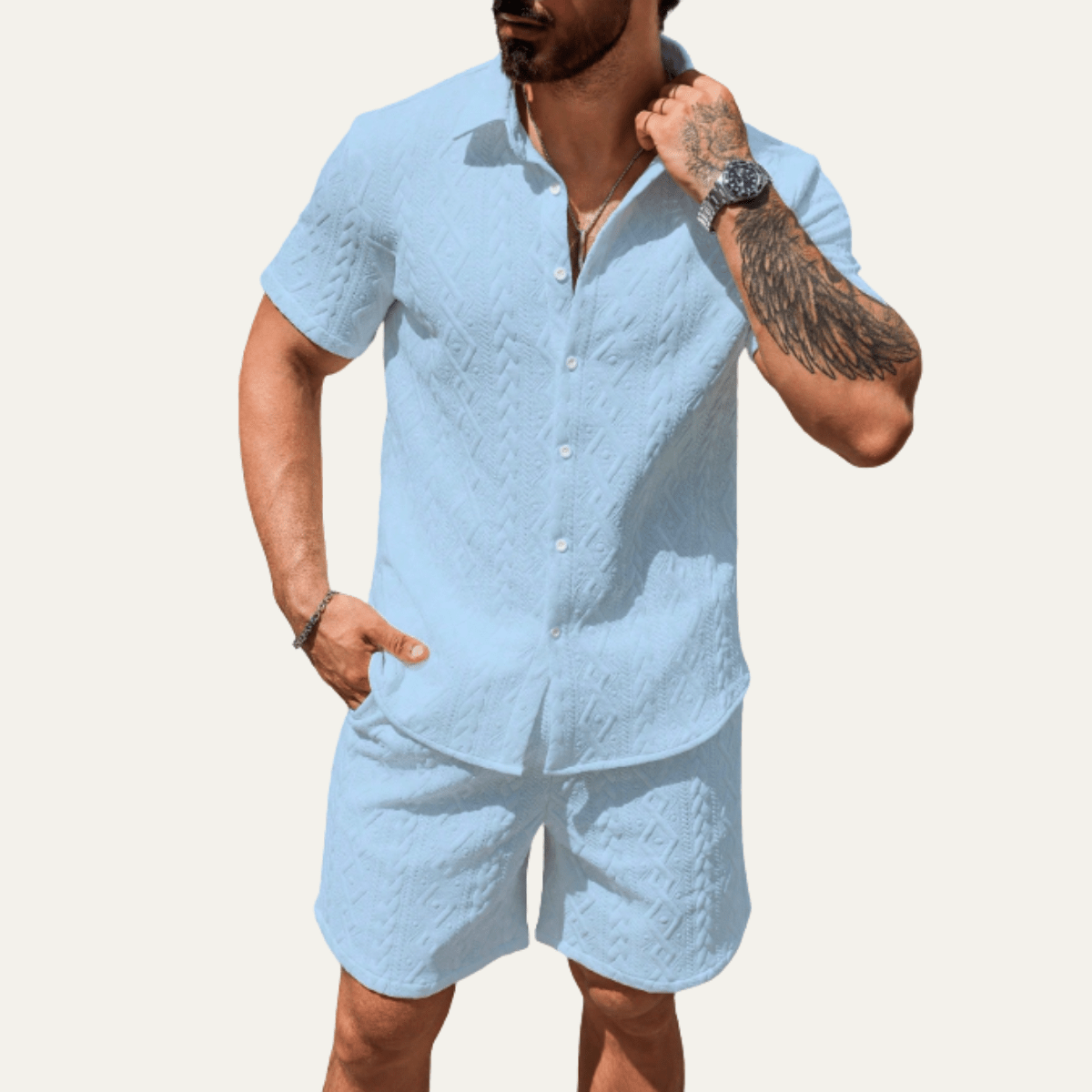 Ensemble coordonné homme — Chemise tricotée, coupe décontractée, short assorti