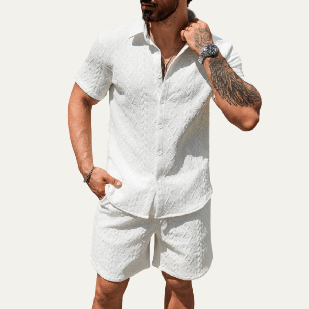 Ensemble coordonné homme — Chemise tricotée, coupe décontractée, short assorti