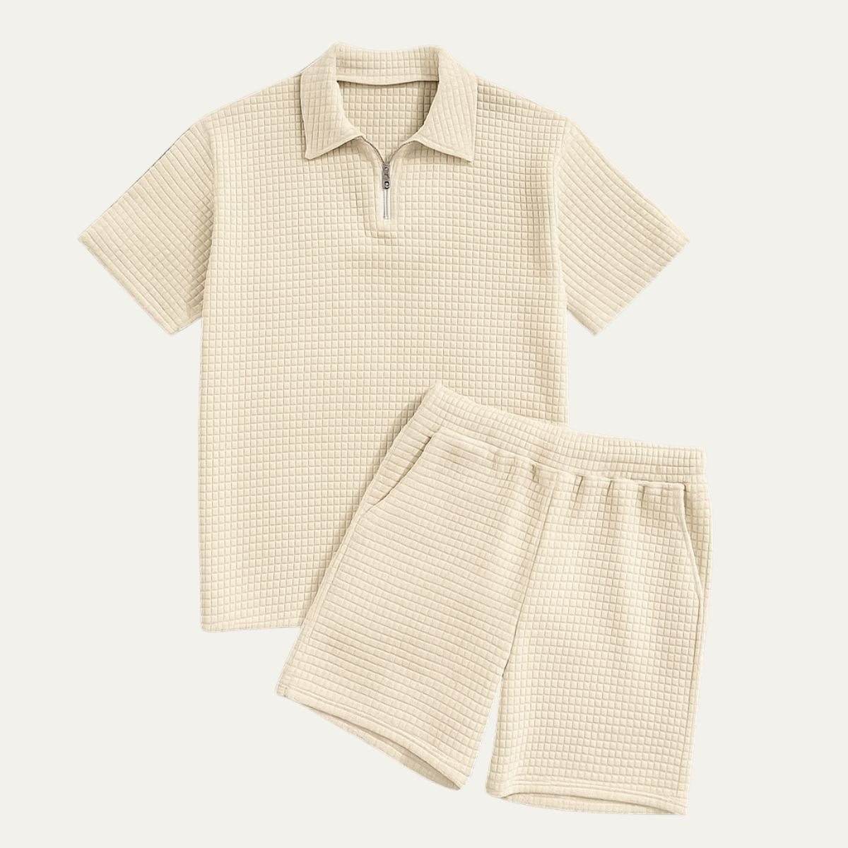 Completo coordinato uomo — Polo con zip, pantaloncini con coulisse, vestibilità comoda
