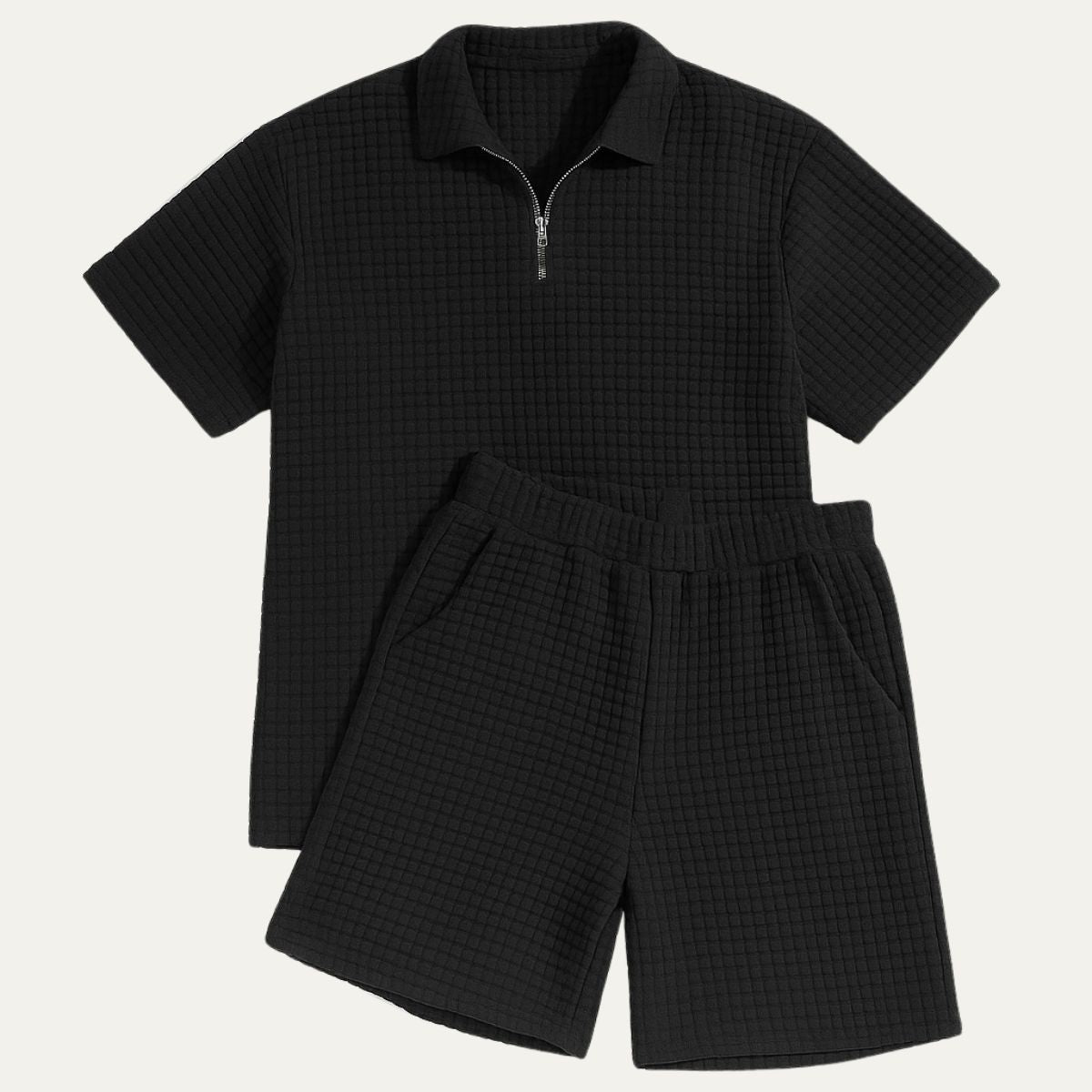 Completo coordinato uomo — Polo con zip, pantaloncini con coulisse, vestibilità comoda