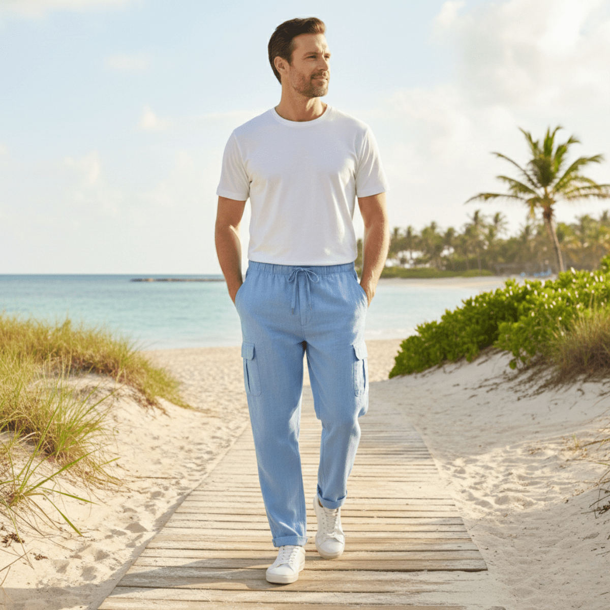 Pantaloni cargo da uomo in lino - vestibilità ampia, design con molte tasche
