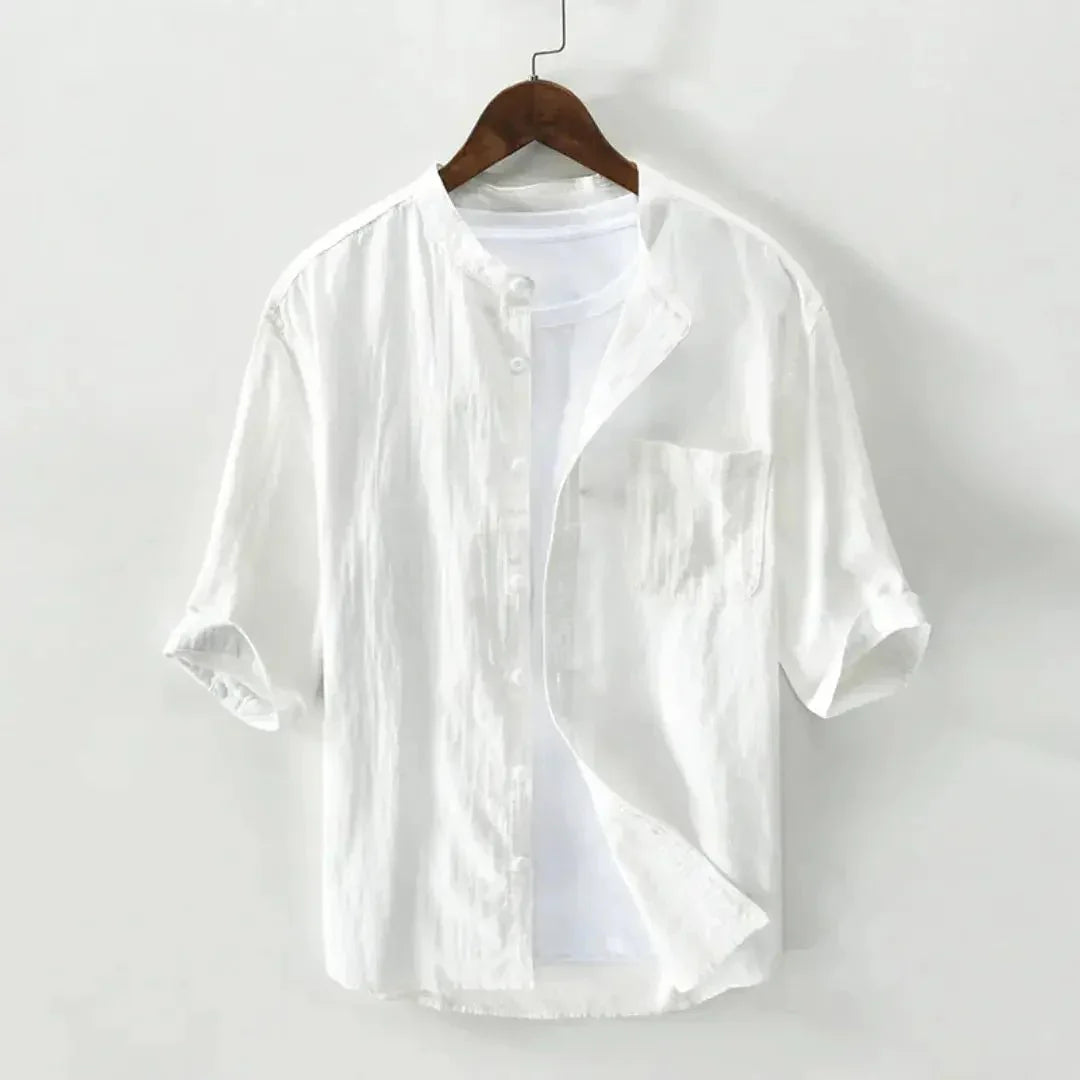 Camicia da uomo in lino — Vestibilità rilassata, maniche a tre quarti, chiusura frontale con bottoni