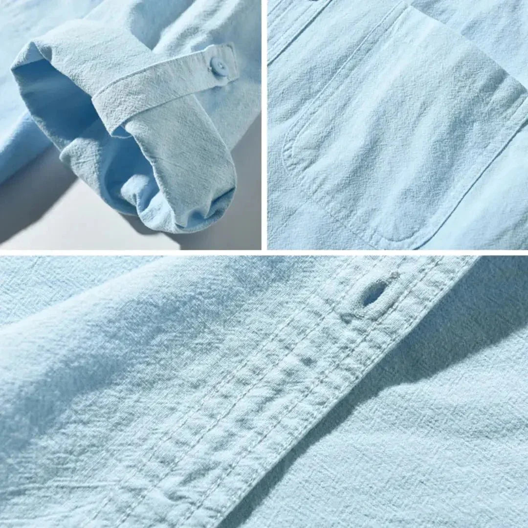 Camicia da uomo in lino — Vestibilità rilassata, maniche a tre quarti, chiusura frontale con bottoni