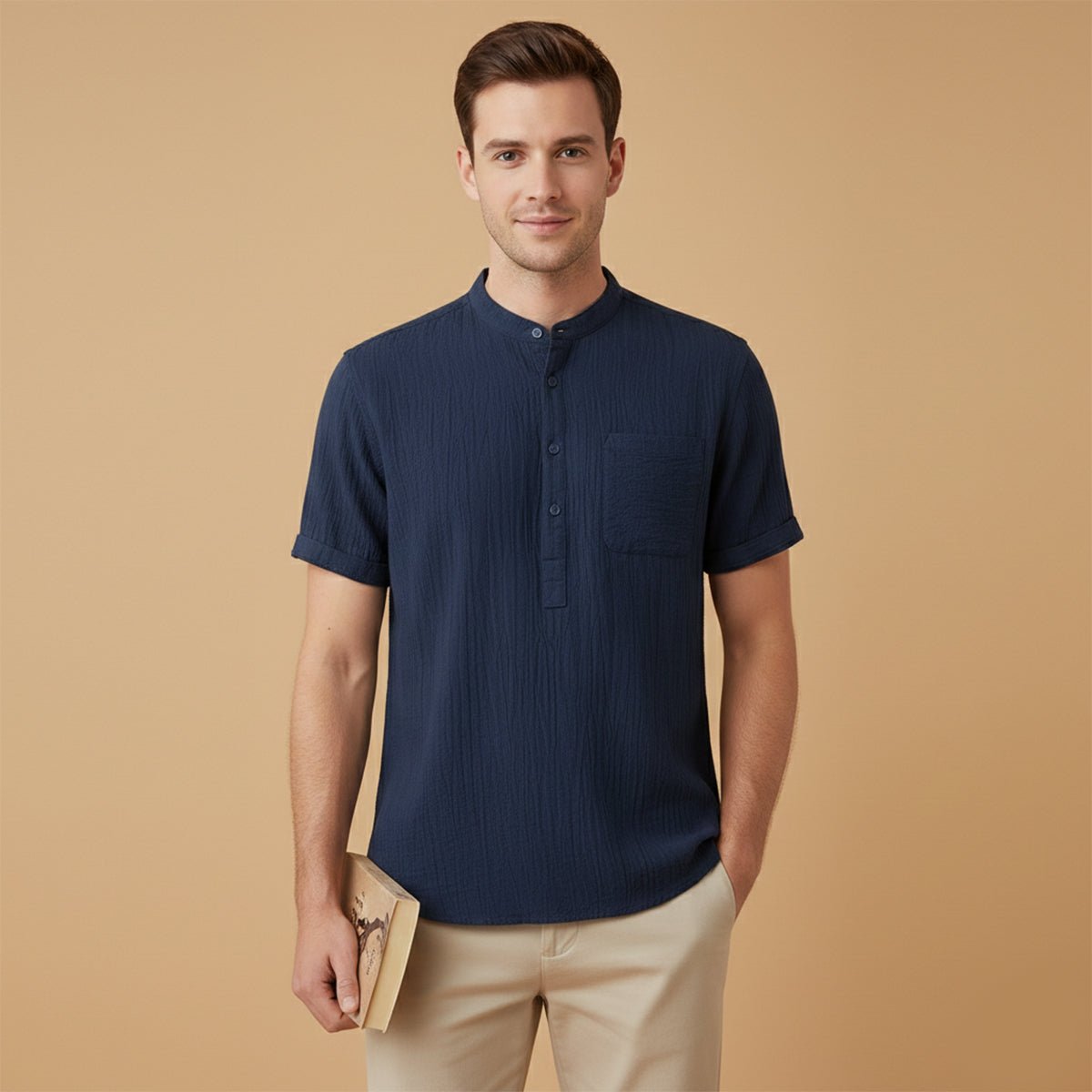 Camisa de lino para hombre manga corta cuello henley estilo pulóver