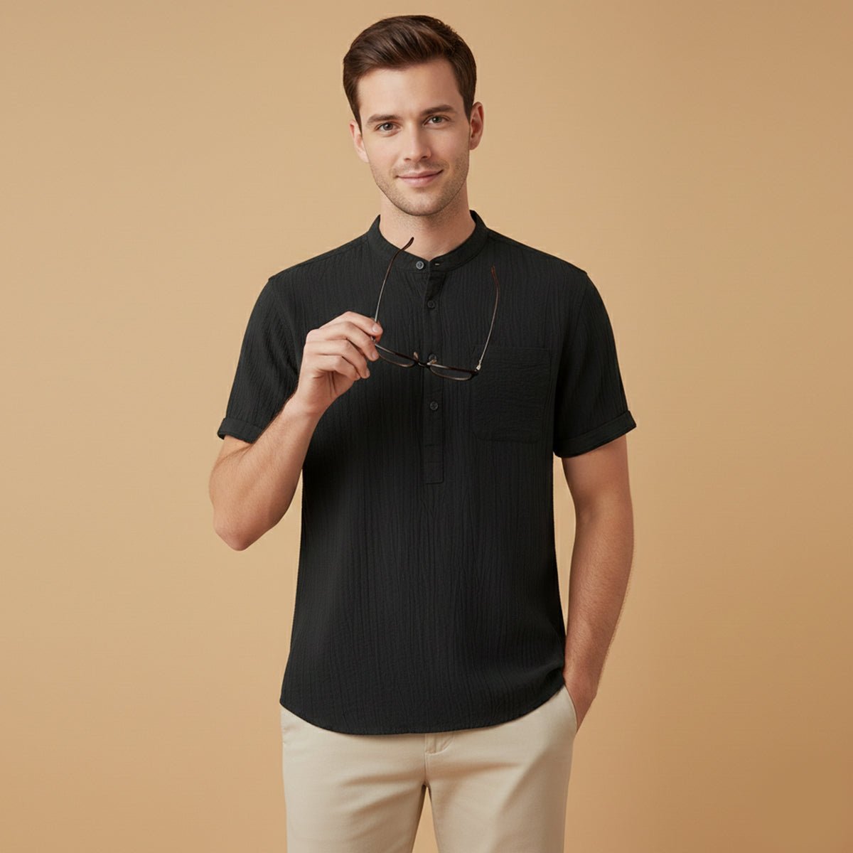 Camisa de lino para hombre manga corta cuello henley estilo pulóver