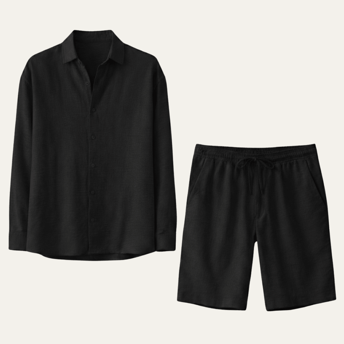 Completo camicia e pantaloncini da uomo in lino — Maniche lunghe, vestibilità ampia, chiusura con bottoni
