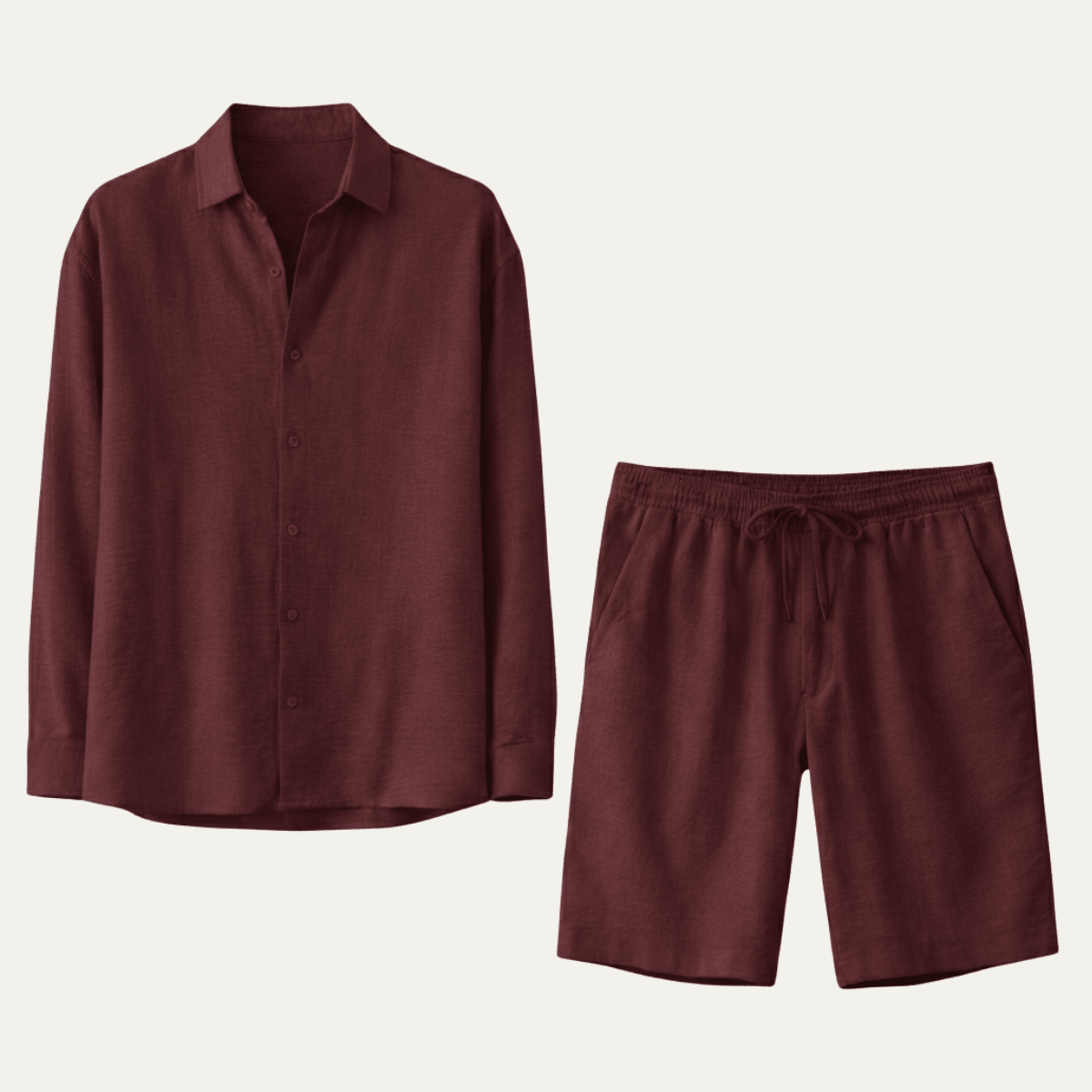 Completo camicia e pantaloncini da uomo in lino — Maniche lunghe, vestibilità ampia, chiusura con bottoni