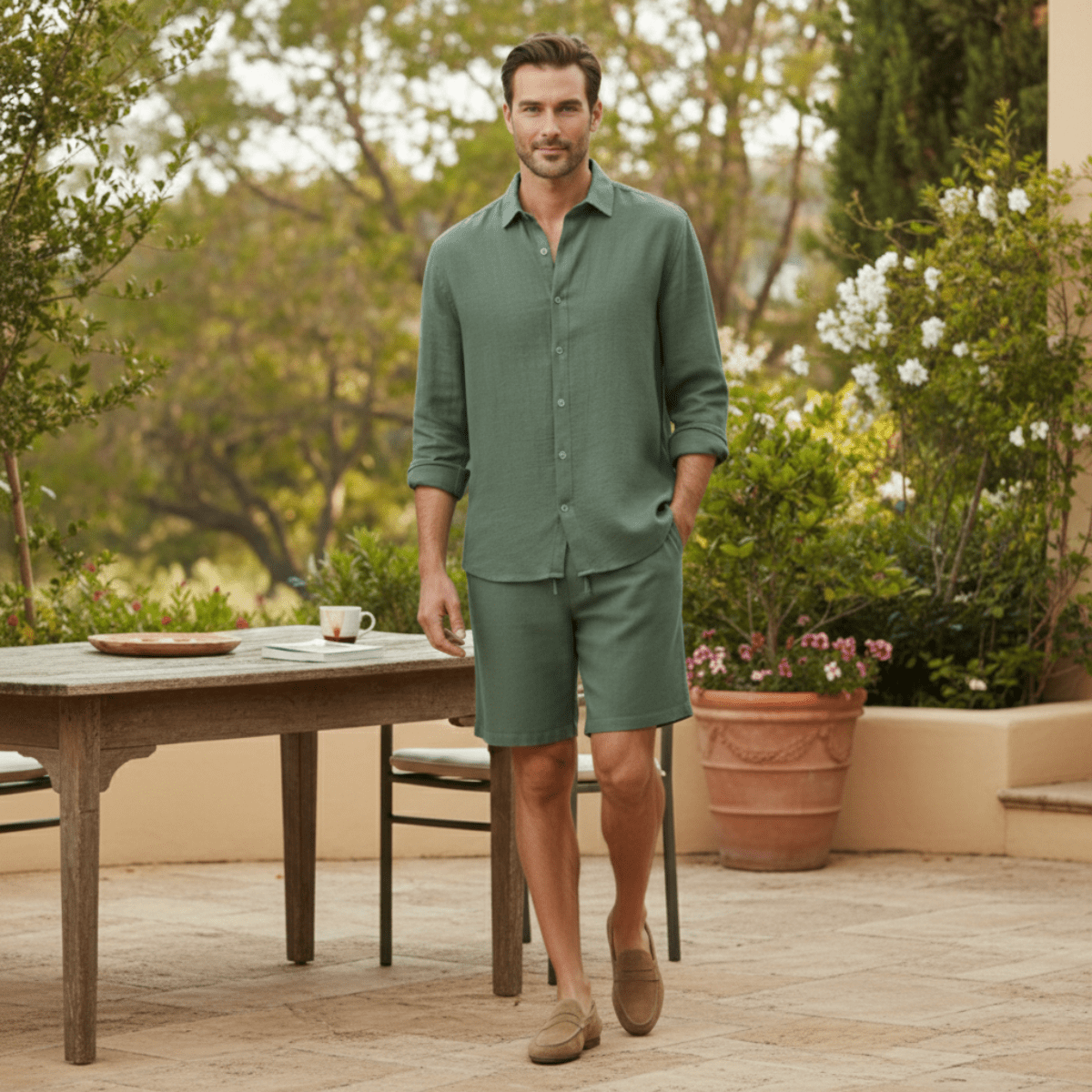 Completo camicia e pantaloncini da uomo in lino — Maniche lunghe, vestibilità ampia, chiusura con bottoni