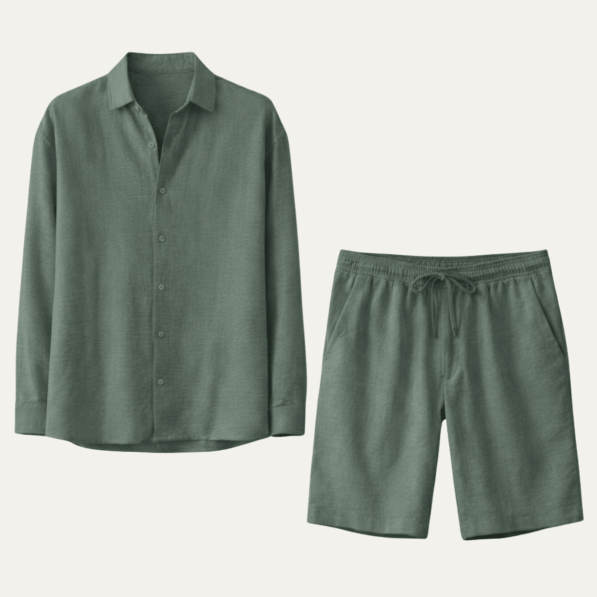 Completo camicia e pantaloncini da uomo in lino — Maniche lunghe, vestibilità ampia, chiusura con bottoni