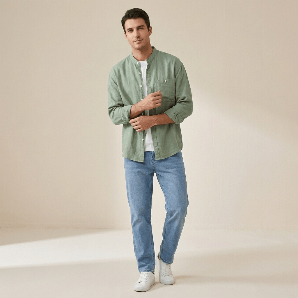 Camicia da uomo in lino — Vestibilità slim, taschino sul petto e orlo dritto