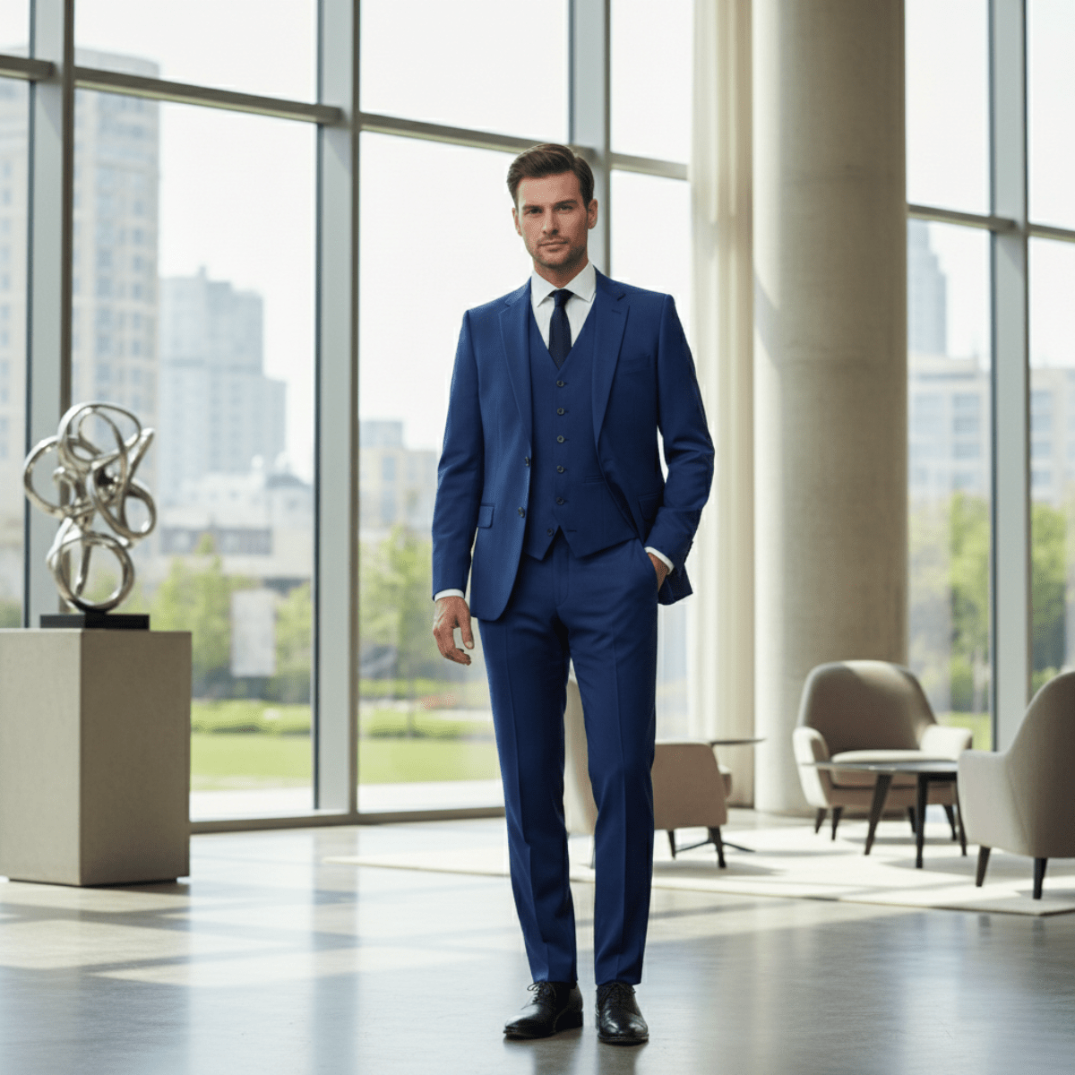 Herren Leinenanzug Set — Schmale Passform, Dreiteiler, Frontverschluss
