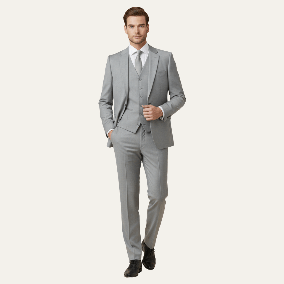 Herren Leinenanzug Set — Schmale Passform, Dreiteiler, Frontverschluss