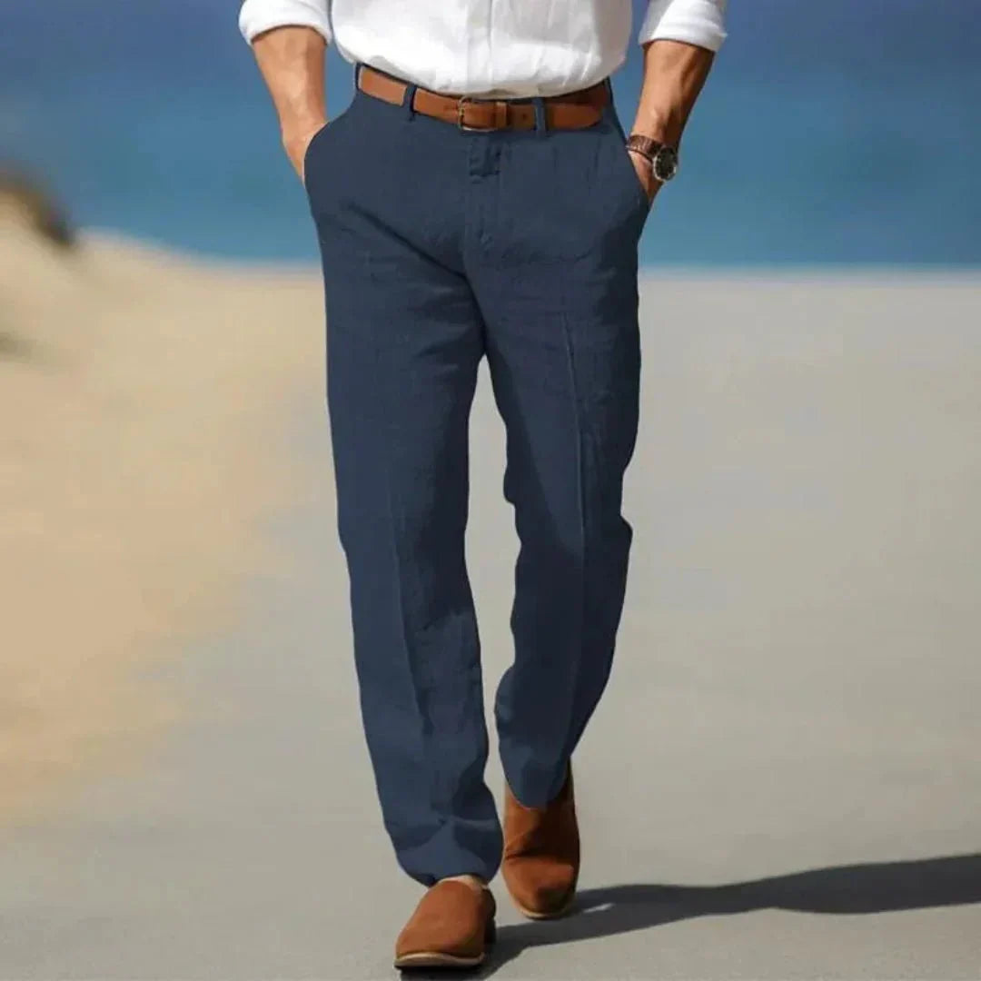 Pantaloni da uomo in lino — Vestibilità ampia, chiusura frontale con zip e passanti per cintura