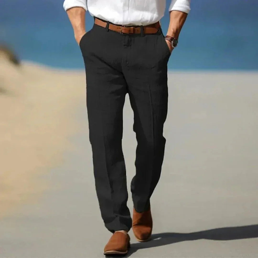 Pantaloni da uomo in lino — Vestibilità ampia, chiusura frontale con zip e passanti per cintura