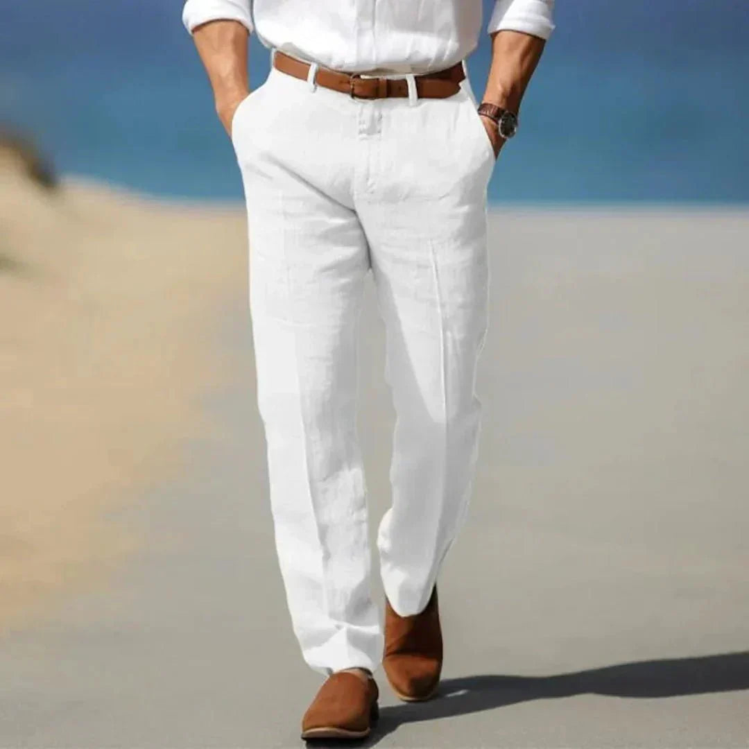 Pantaloni da uomo in lino — Vestibilità ampia, chiusura frontale con zip e passanti per cintura
