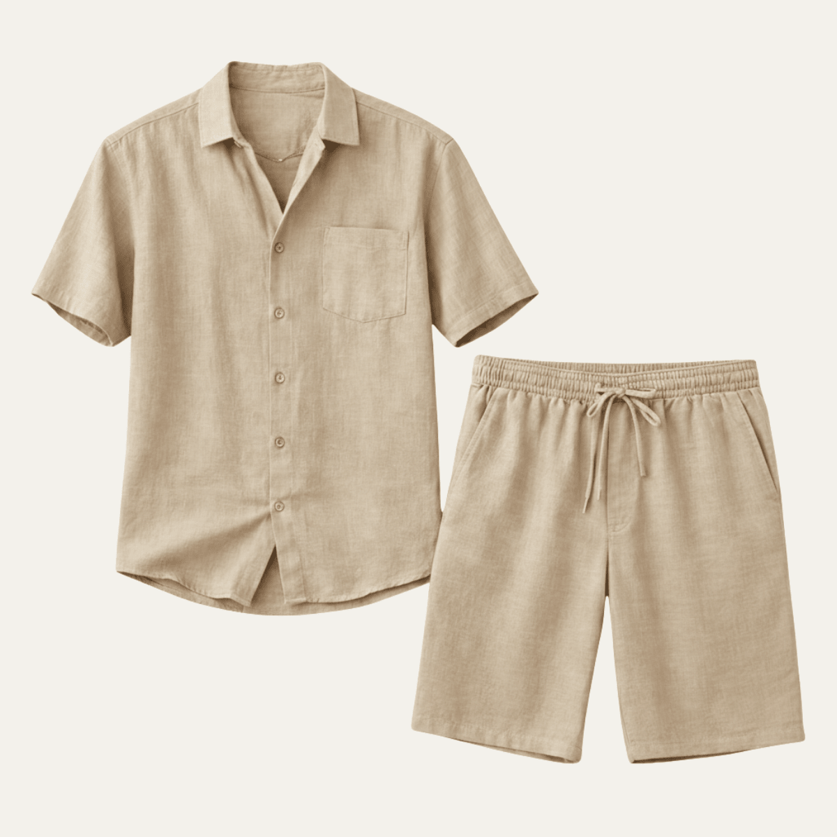 Completo da uomo in lino a due pezzi — Vestibilità rilassata, camicia a maniche corte con bottoni e pantaloncini