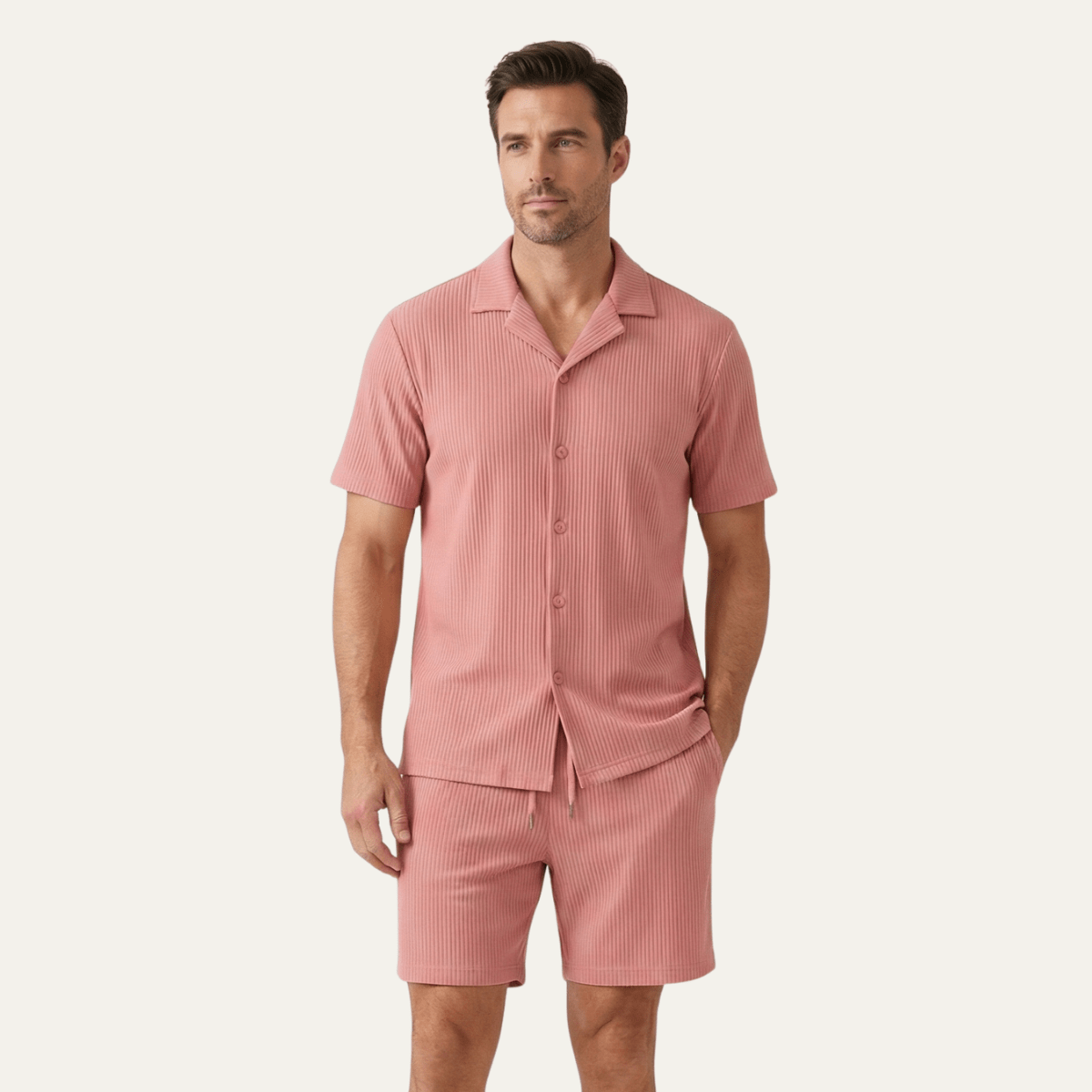 Completo lounge uomo — Maglia a maniche corte a coste e pantaloncini con coulisse
