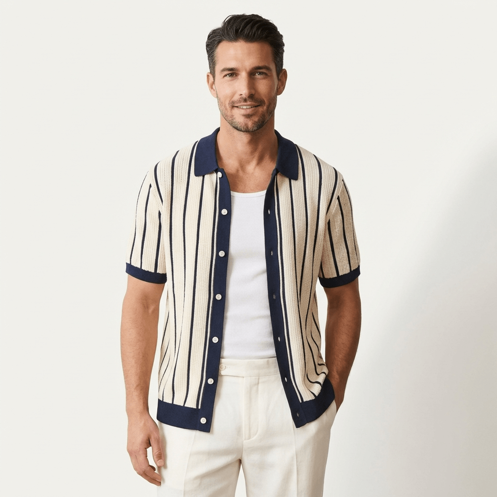 Herren-Poloshirt — Kragen, Strickstil, durchgehende Knopfleiste