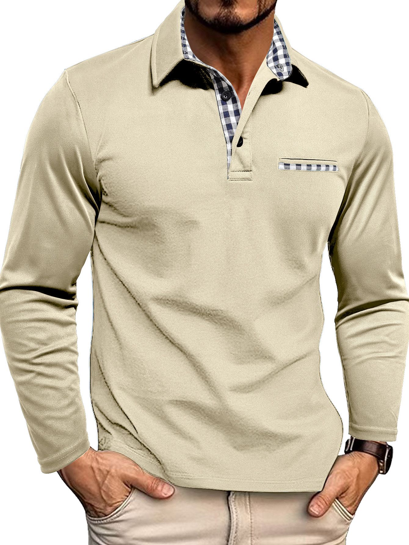 Polo da uomo — Vestibilità regolare, maniche lunghe, patta con bottoni