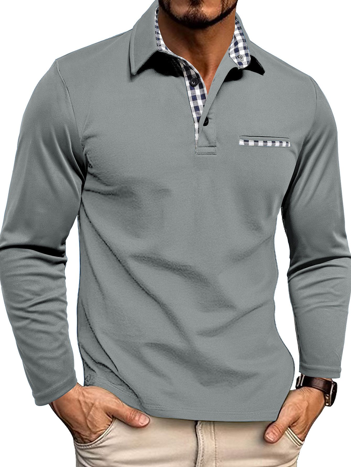 Polo da uomo — Vestibilità regolare, maniche lunghe, patta con bottoni