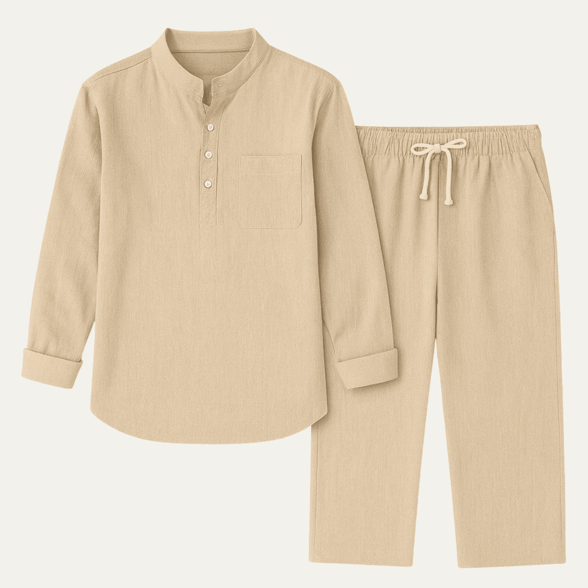 Completo camicia uomo — Maniche lunghe, collo alla coreana, pantaloni con coulisse