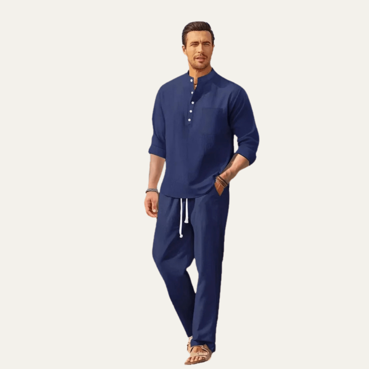 Completo camicia uomo — Maniche lunghe, collo alla coreana, pantaloni con coulisse
