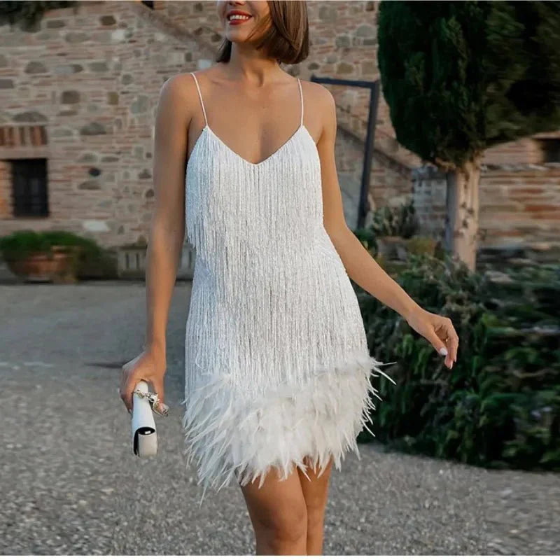 Abito mini da donna superficie con paillettes dettaglio piume design