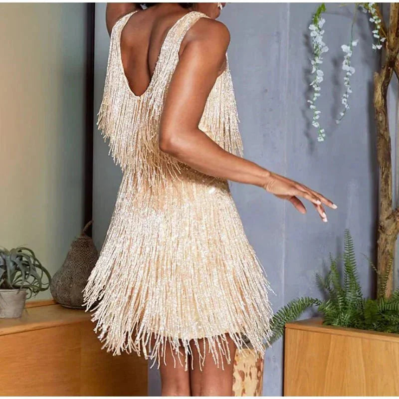 Abito mini da donna superficie con paillettes dettaglio piume design