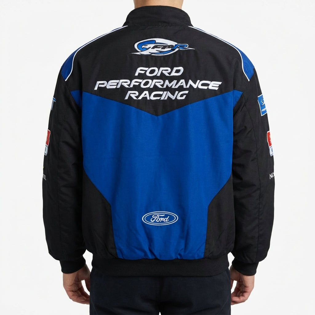 Ford Performance Racing bestickte Rennjacke Schwarz/Blau | Reißverschluss vorne Motorsport Team Oberbekleidung