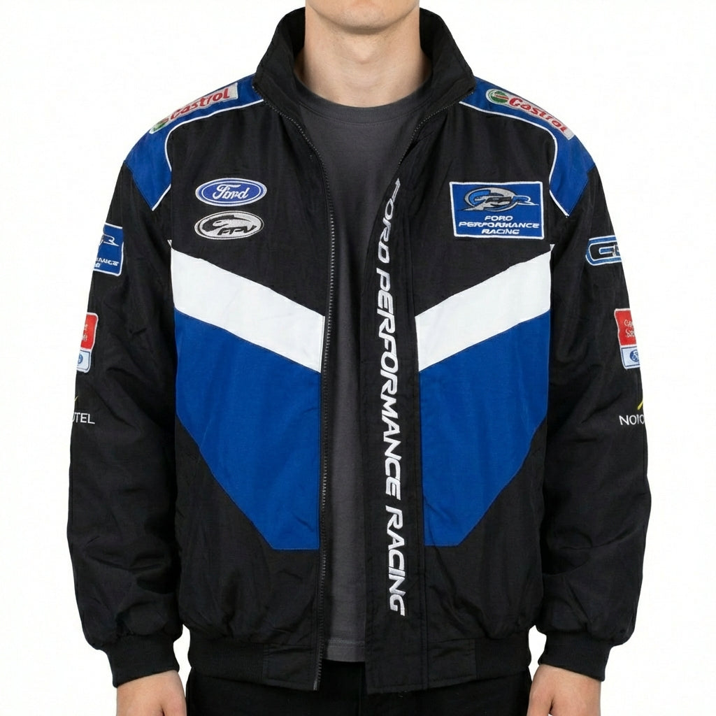 Ford Performance Racing bestickte Rennjacke Schwarz/Blau | Reißverschluss vorne Motorsport Team Oberbekleidung