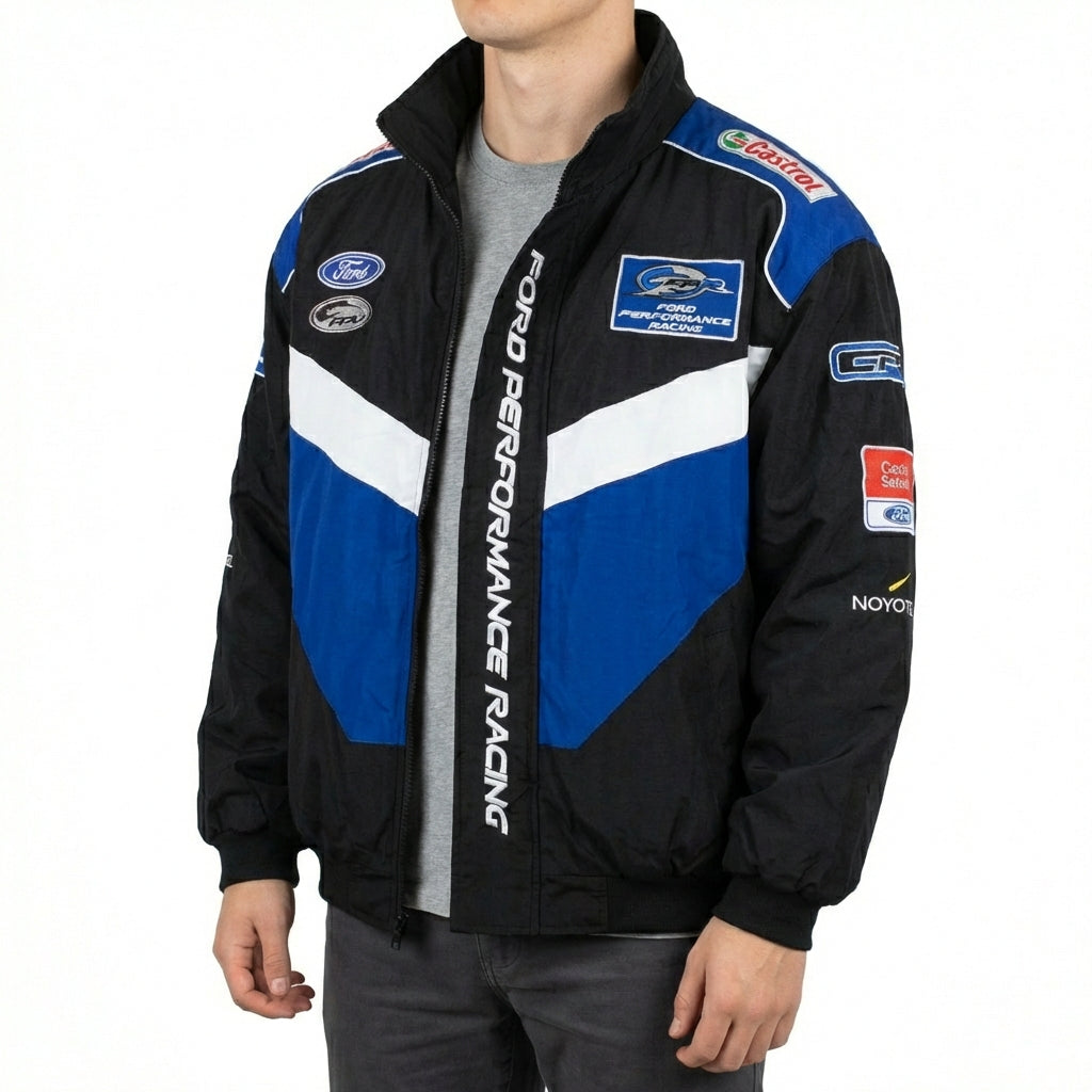 Ford Performance Racing bestickte Rennjacke Schwarz/Blau | Reißverschluss vorne Motorsport Team Oberbekleidung