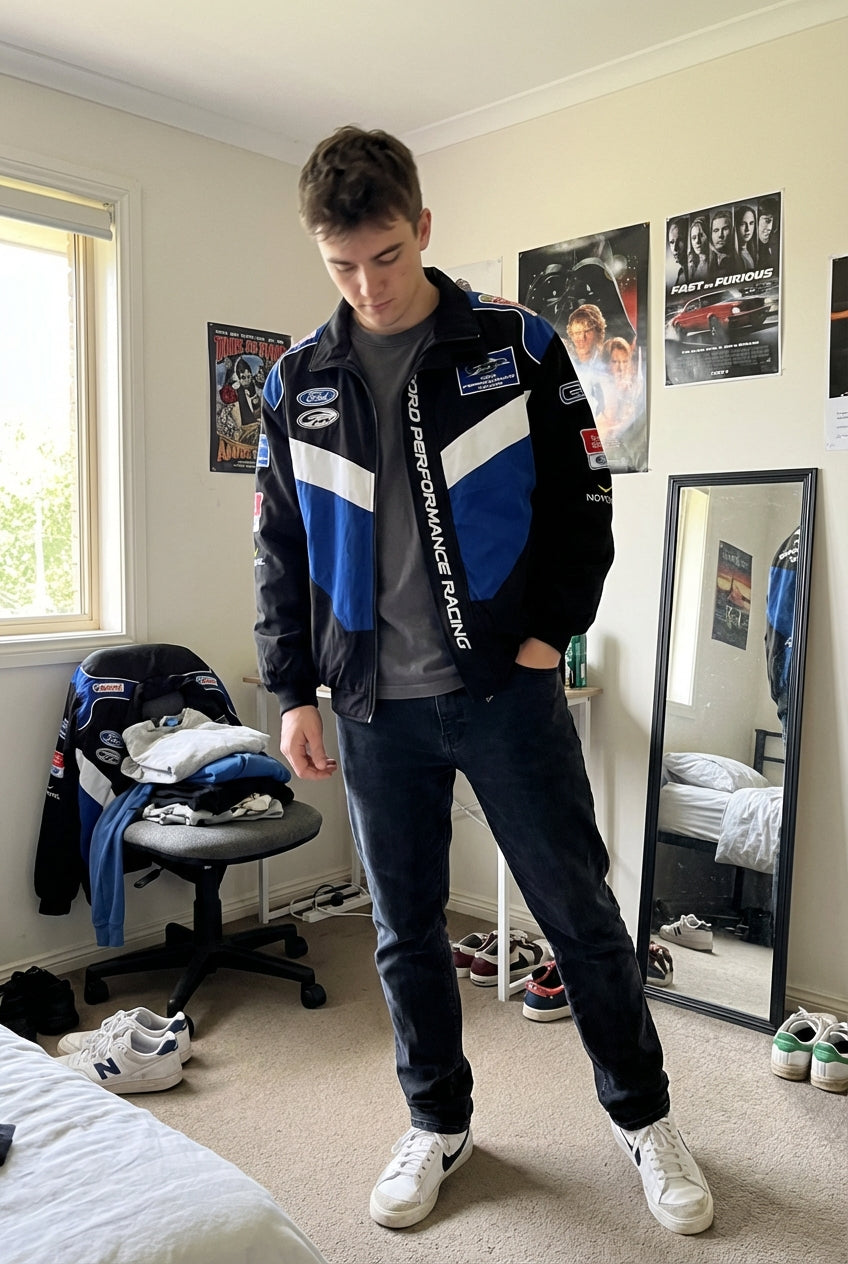 Ford Performance Racing bestickte Rennjacke Schwarz/Blau | Reißverschluss vorne Motorsport Team Oberbekleidung
