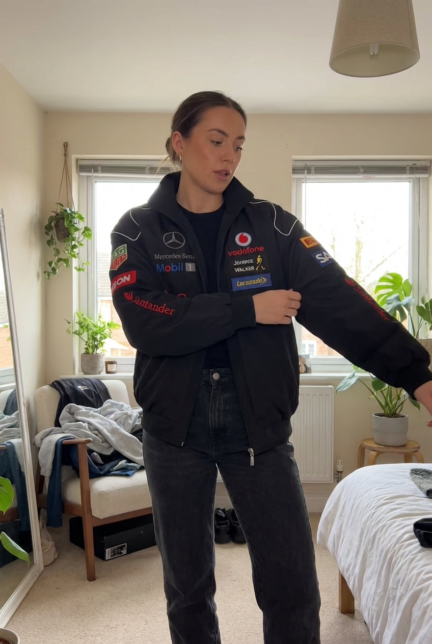 Mercedes-Benz Rennjacke Schwarz | Voller Reißverschluss Stehkragen Motorsport