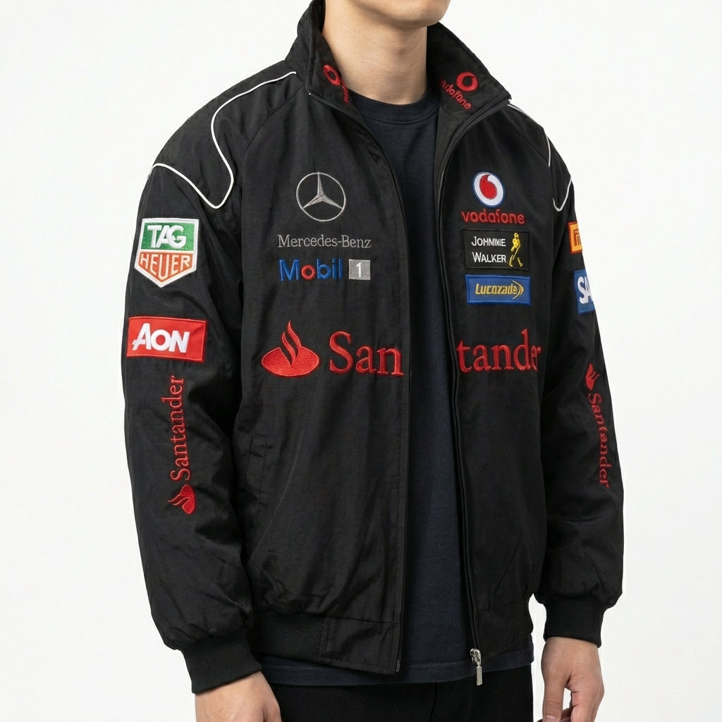 Mercedes-Benz Rennjacke Schwarz | Voller Reißverschluss Stehkragen Motorsport