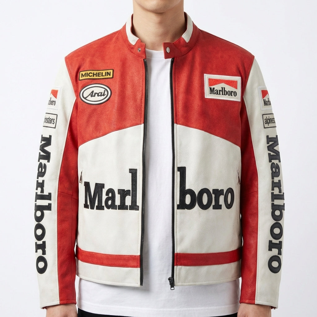 Marlboro Racing Color Block Jacke Rot Weiß | Reißverschluss vorne mit aufgenähtem Logo im Moto-Stil